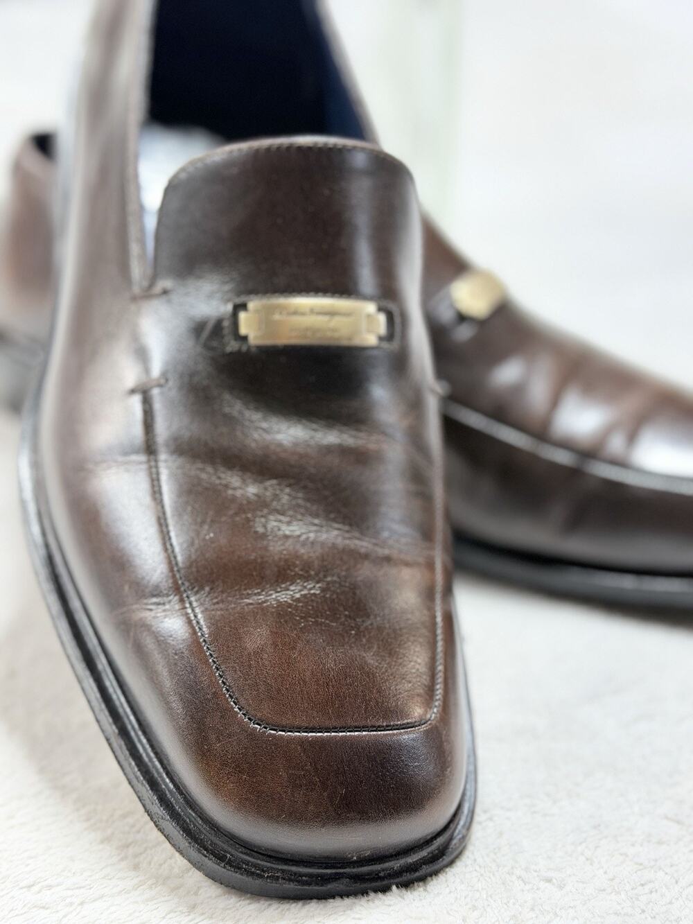Vtg Salvatore Ferragamo Mens Loafer 10 EE Dark Brown Leather Logo Plaque TA 514